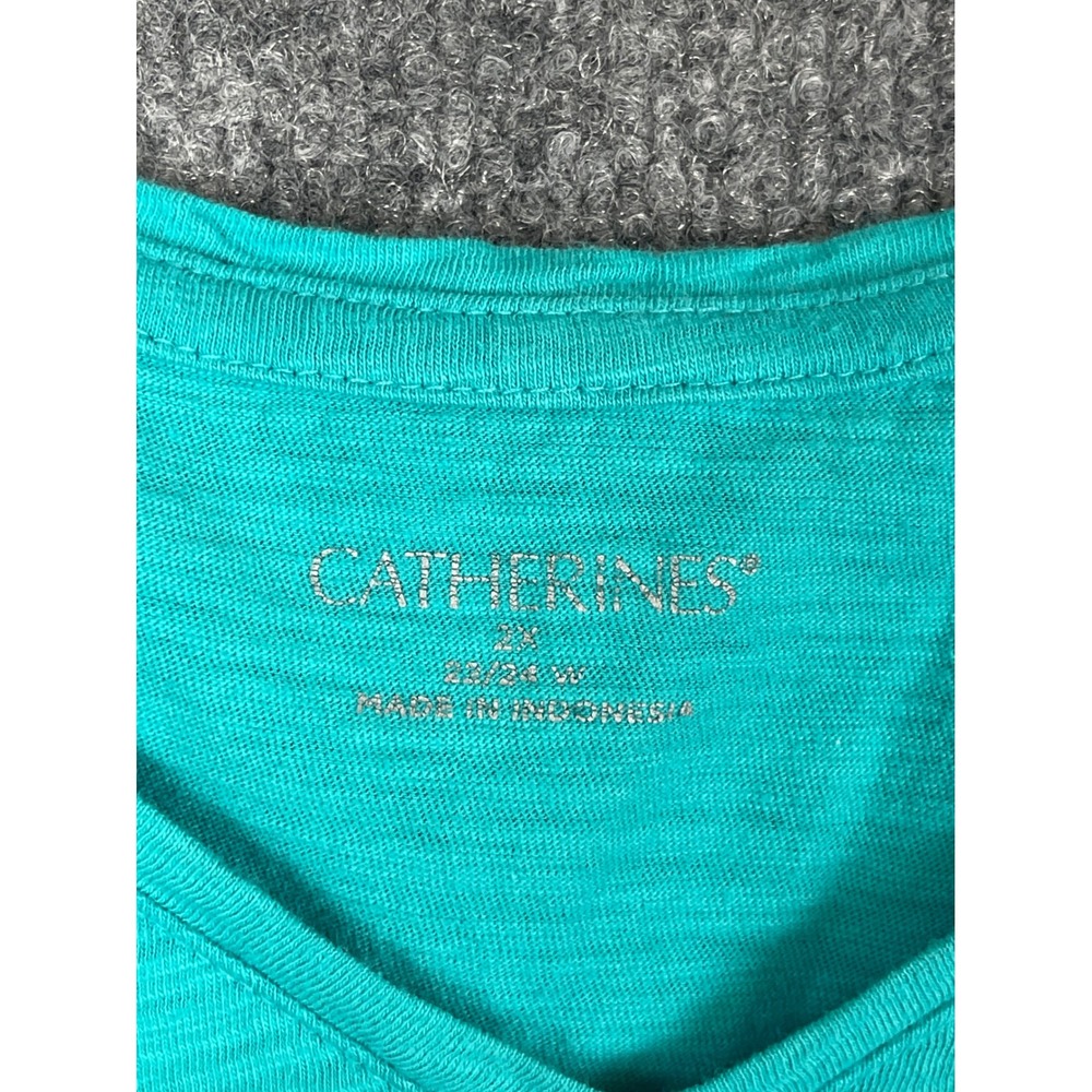 Catherines T-Shirt Women's 2X Teal Good Sequined Fish V-Neck Knit Cotton - Picture 6 of 13